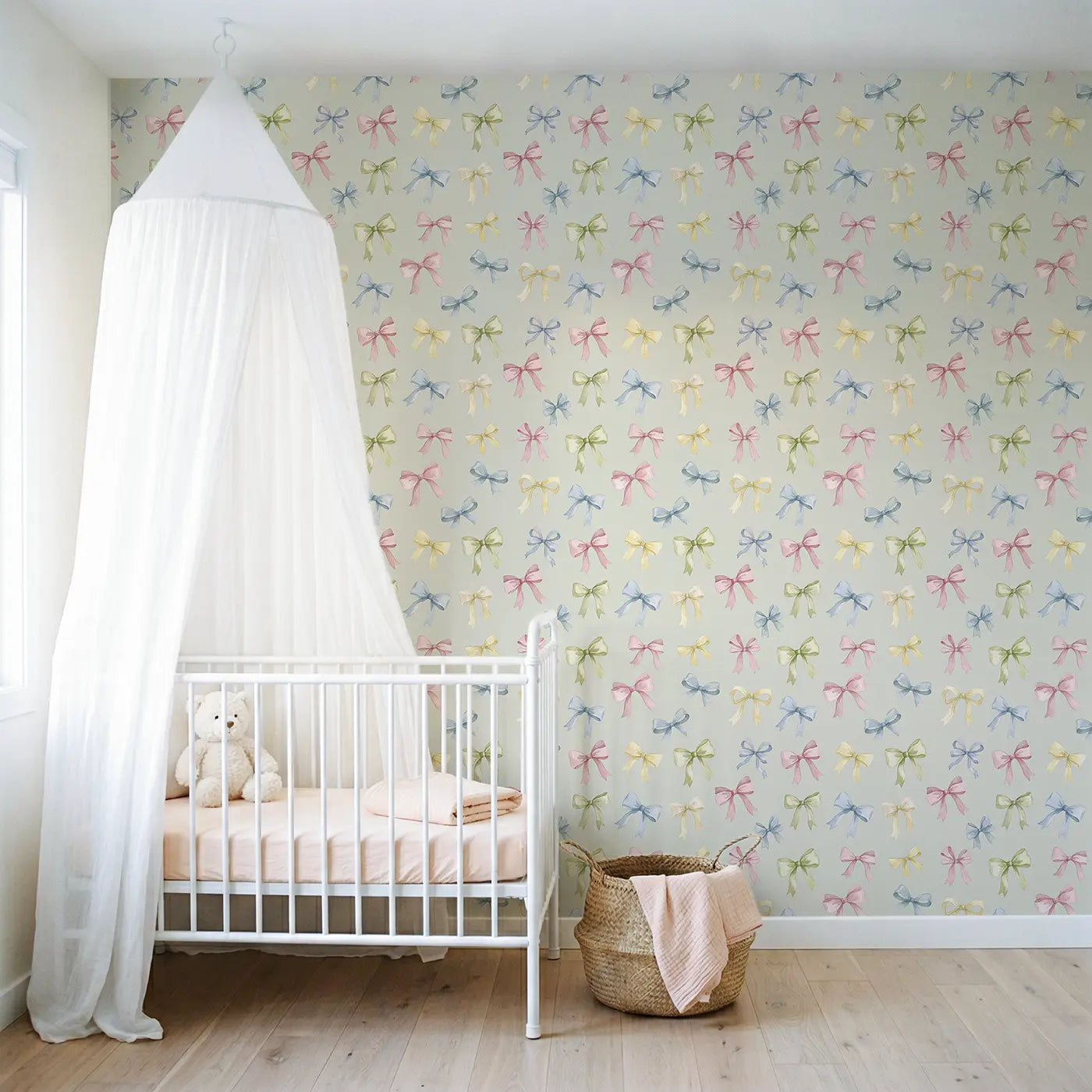 Scattered Bows Soft Watercolor wallpaper in Scandinavian nursery - Whimsy Tots