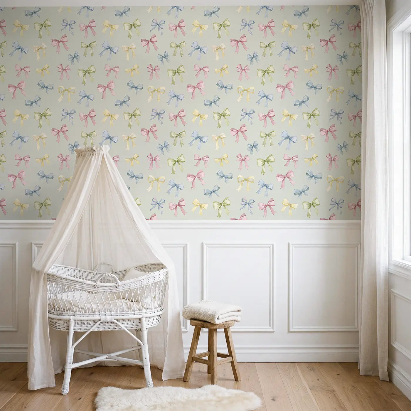 Scattered Bows Soft Watercolor wallpaper above wainscoting - Whimsy Tots