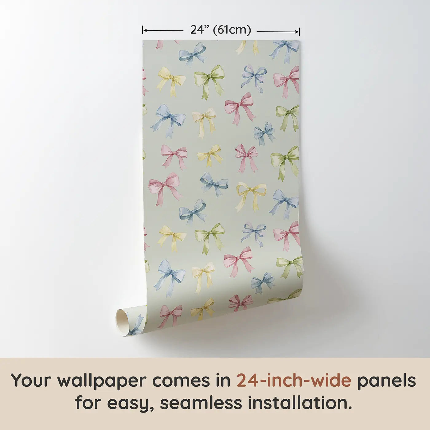 Scattered Bows Soft Watercolor wallpaper panel dimensions - Whimsy Tots