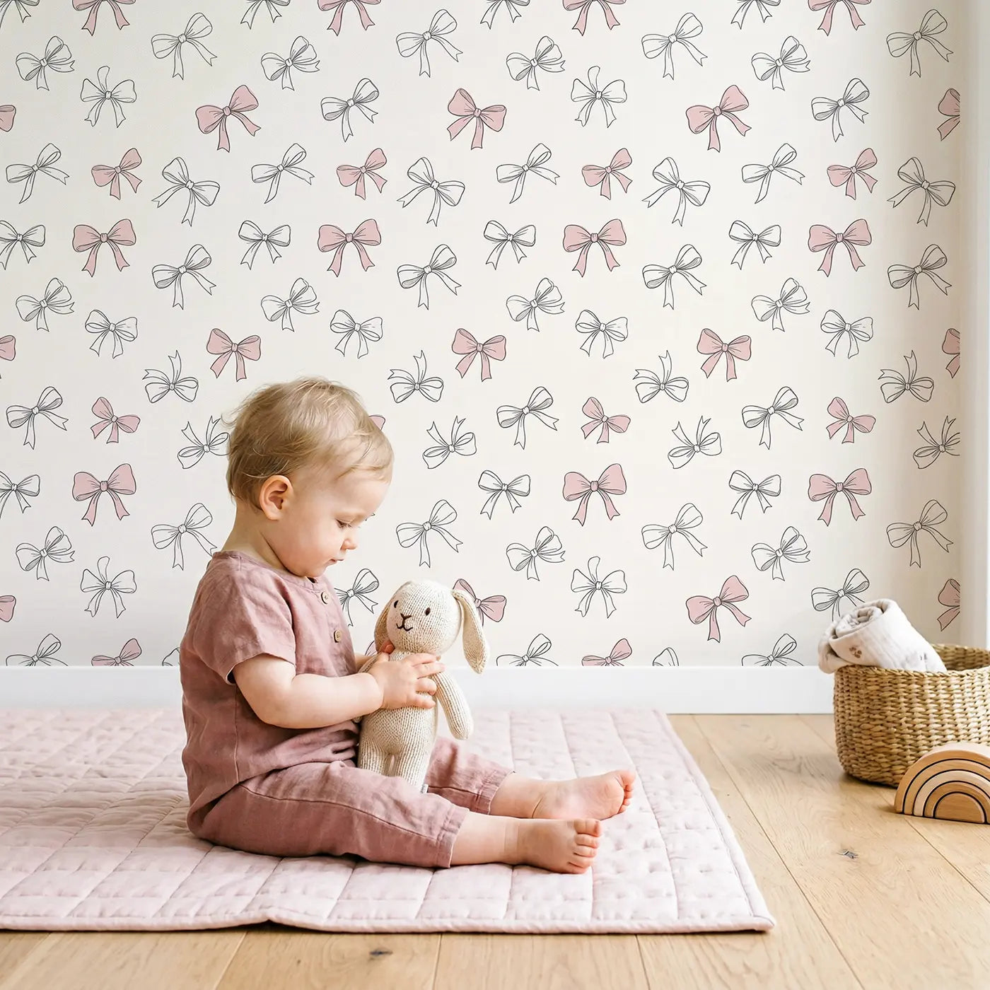 Scattered Bows Hand-Drawn wallpaper in styled kids room - Whimsy Tots