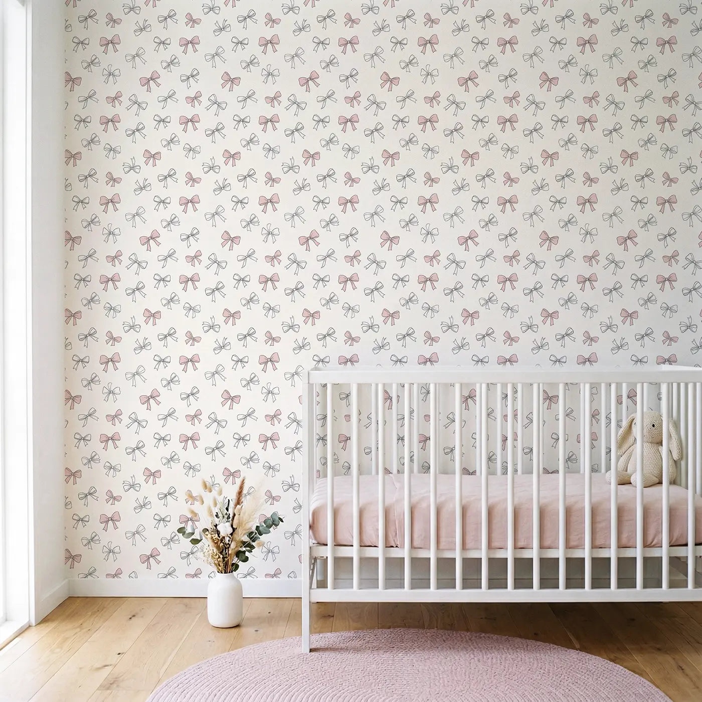 Scattered Bows Hand-Drawn wallpaper in Scandinavian nursery - Whimsy Tots