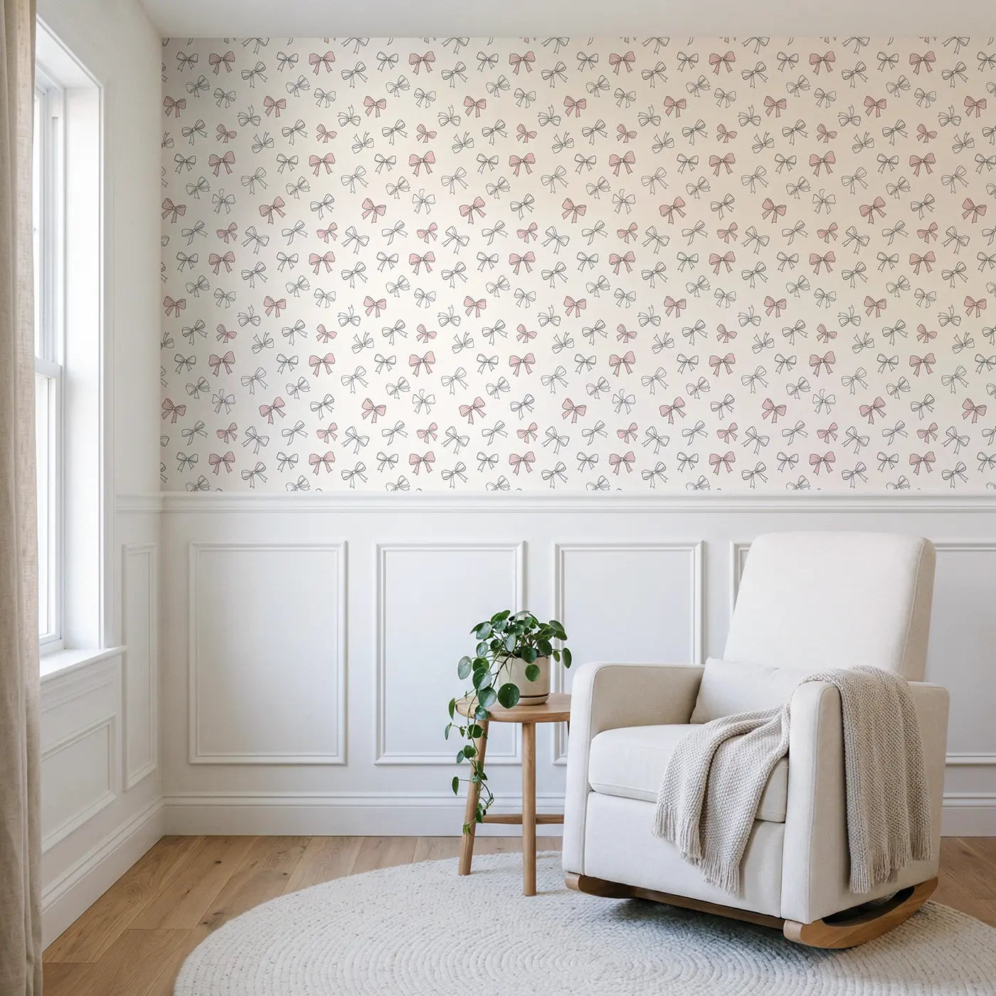Scattered Bows Hand-Drawn wallpaper above wainscoting - Whimsy Tots