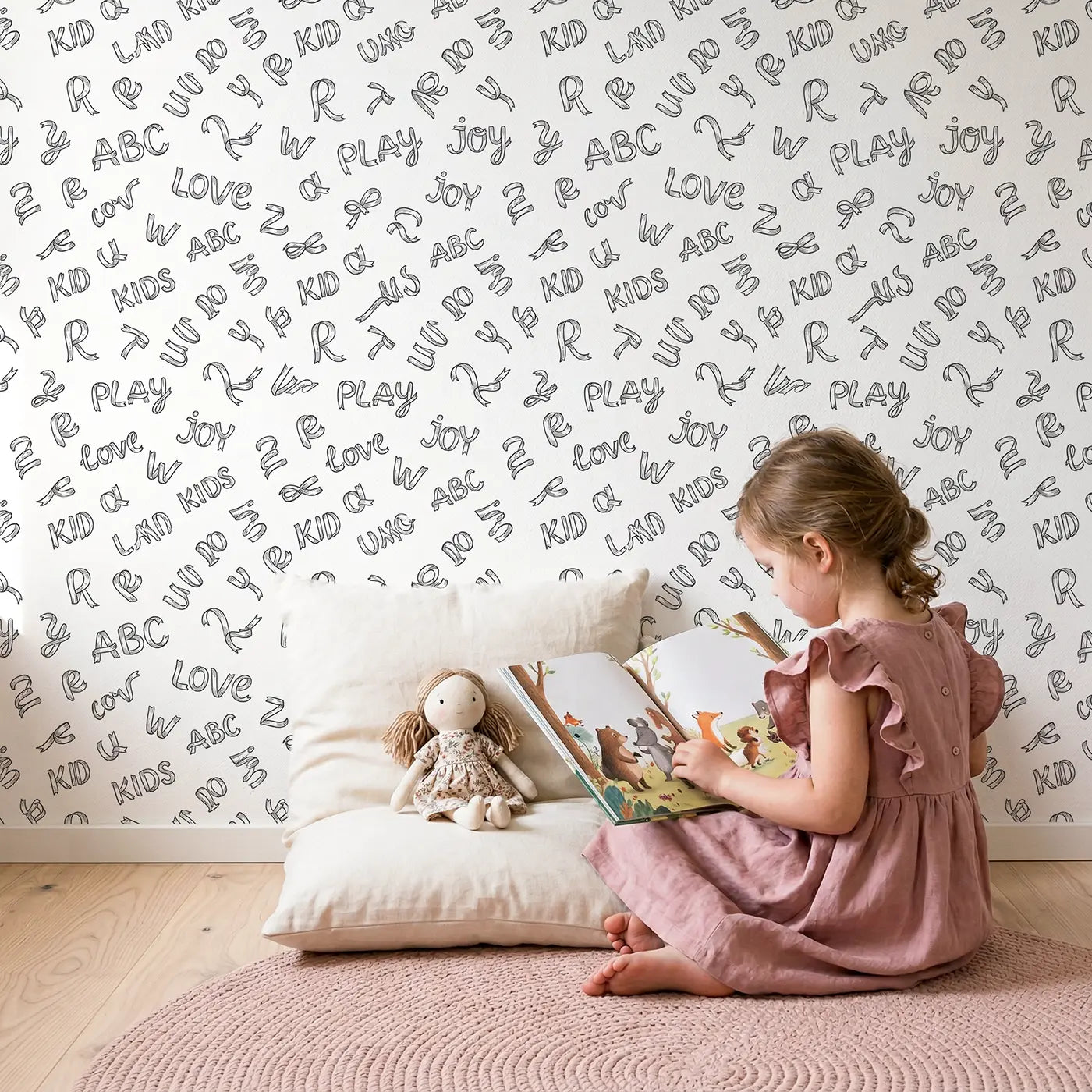 Ribbon Alphabet Hand-Drawn wallpaper in styled kids room - Whimsy Tots
