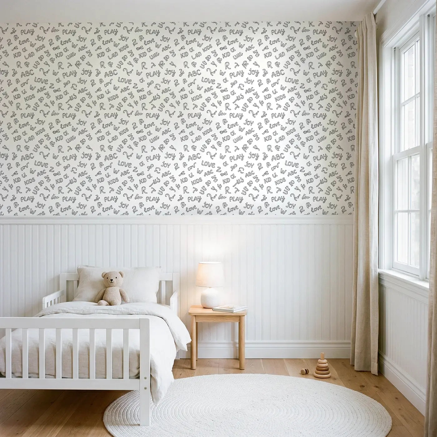 Ribbon Alphabet Hand-Drawn wallpaper above wainscoting - Whimsy Tots
