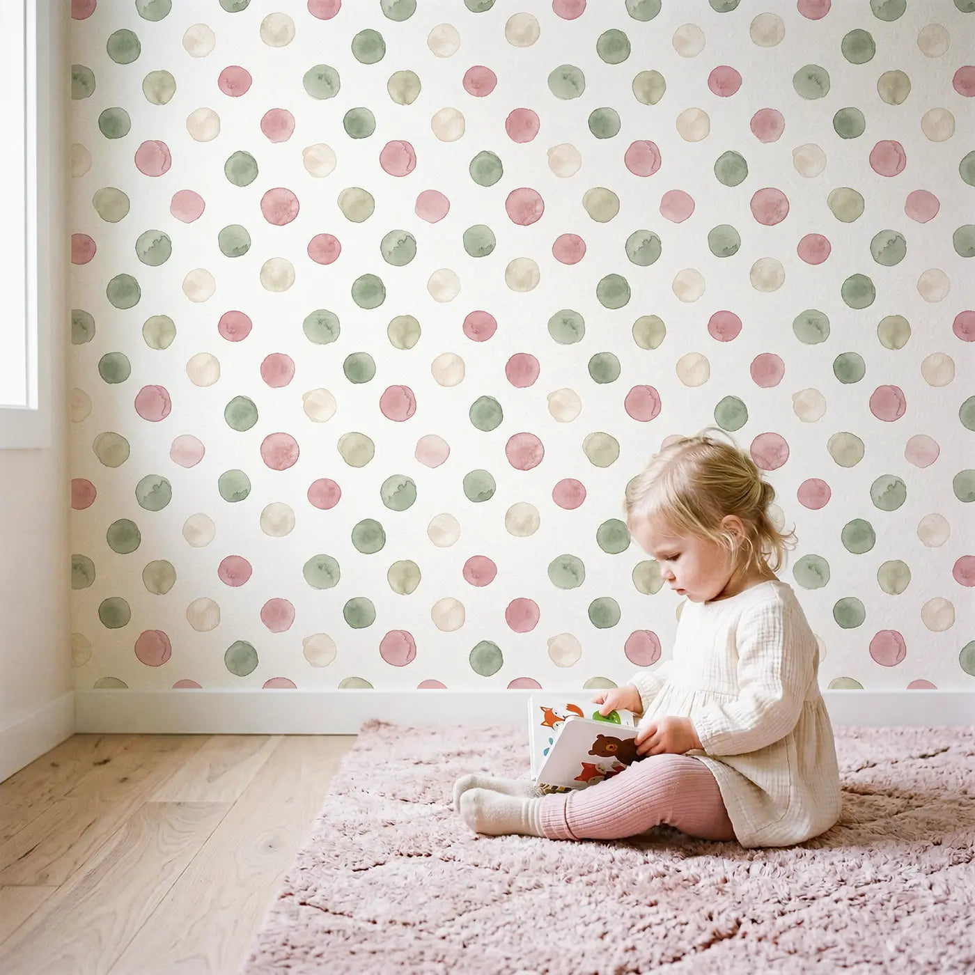 Scattered Polka Watercolor wallpaper in styled kids room - Whimsy Tots