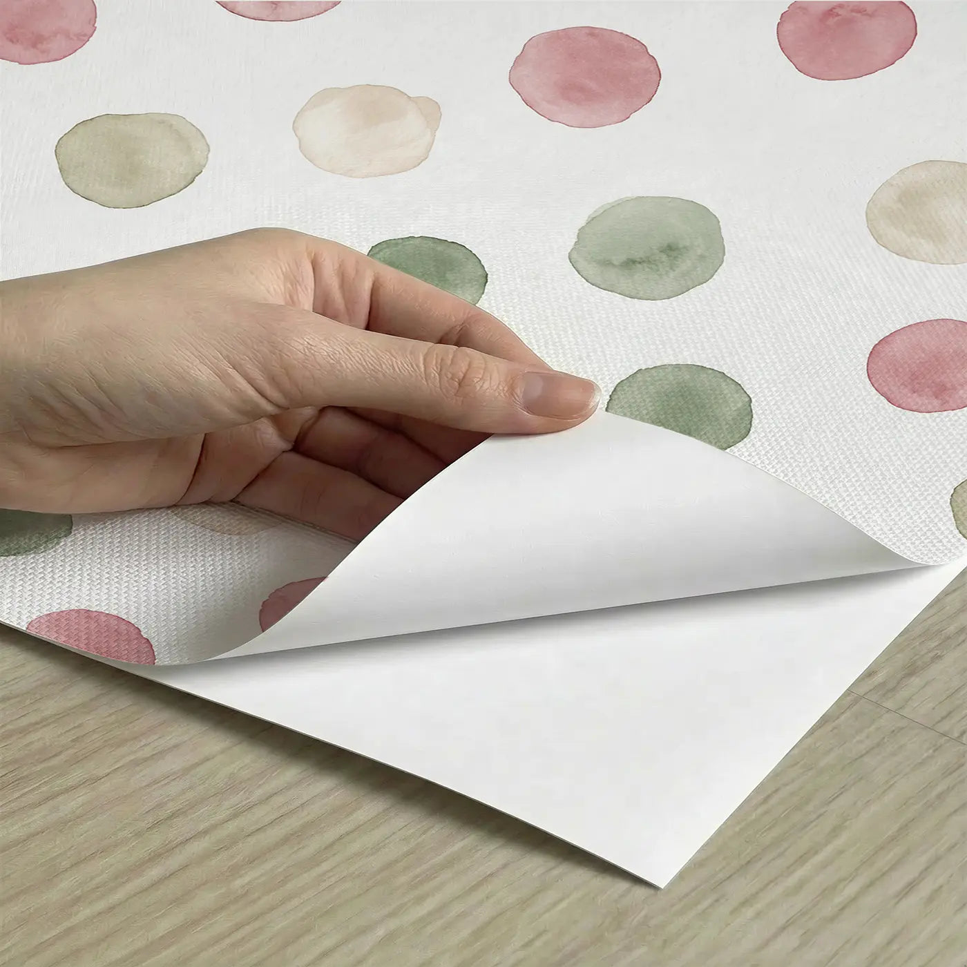 Scattered Polka Watercolor peel and stick material close-up - Whimsy Tots