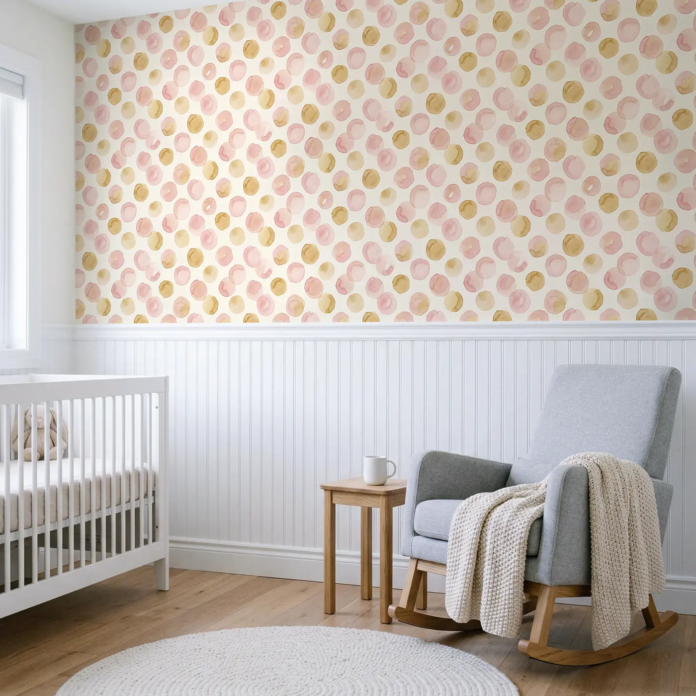 Oversized Dots Watercolor wallpaper above wainscoting - Whimsy Tots