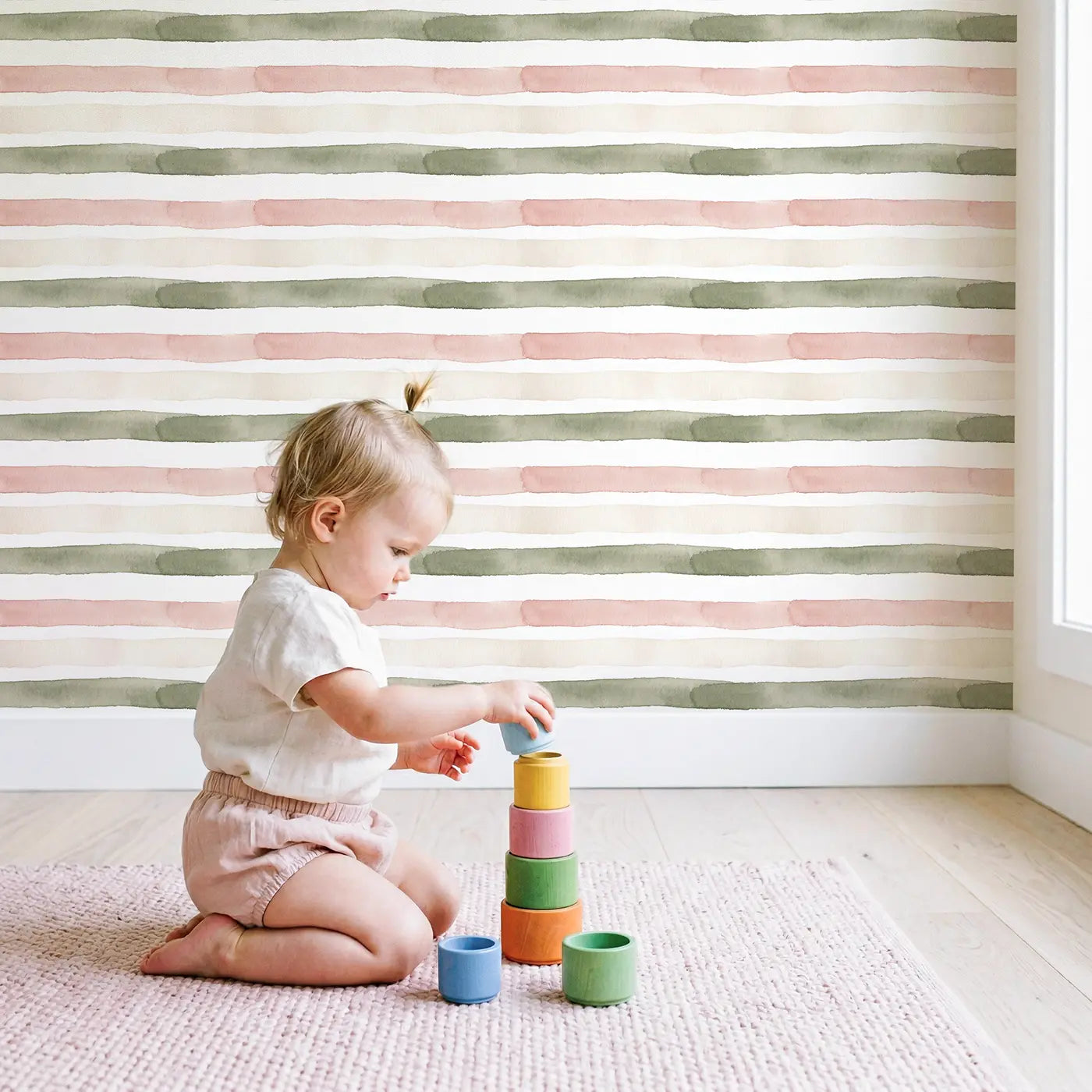 Soft Horizontal Watercolor wallpaper in styled kids room - Whimsy Tots