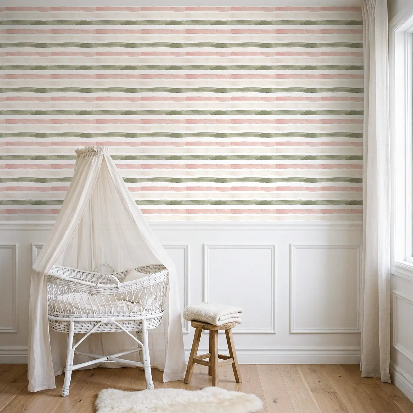 Soft Horizontal Watercolor wallpaper above wainscoting - Whimsy Tots