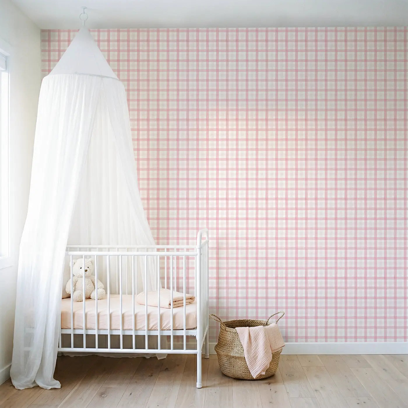 Gingham Check Watercolor wallpaper in Scandinavian nursery - Whimsy Tots