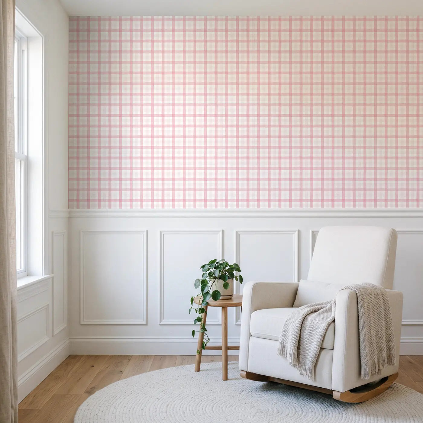 Gingham Check Watercolor wallpaper above wainscoting - Whimsy Tots