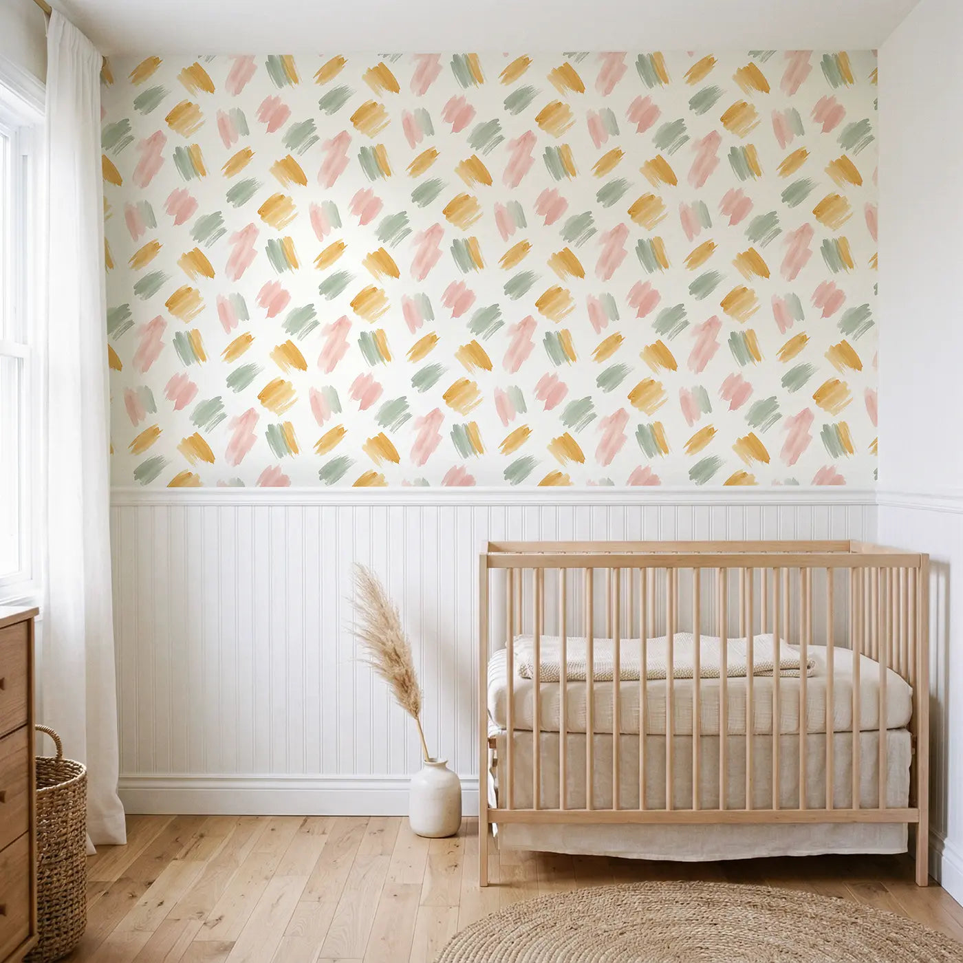 Loose Abstract Watercolor wallpaper above wainscoting - Whimsy Tots