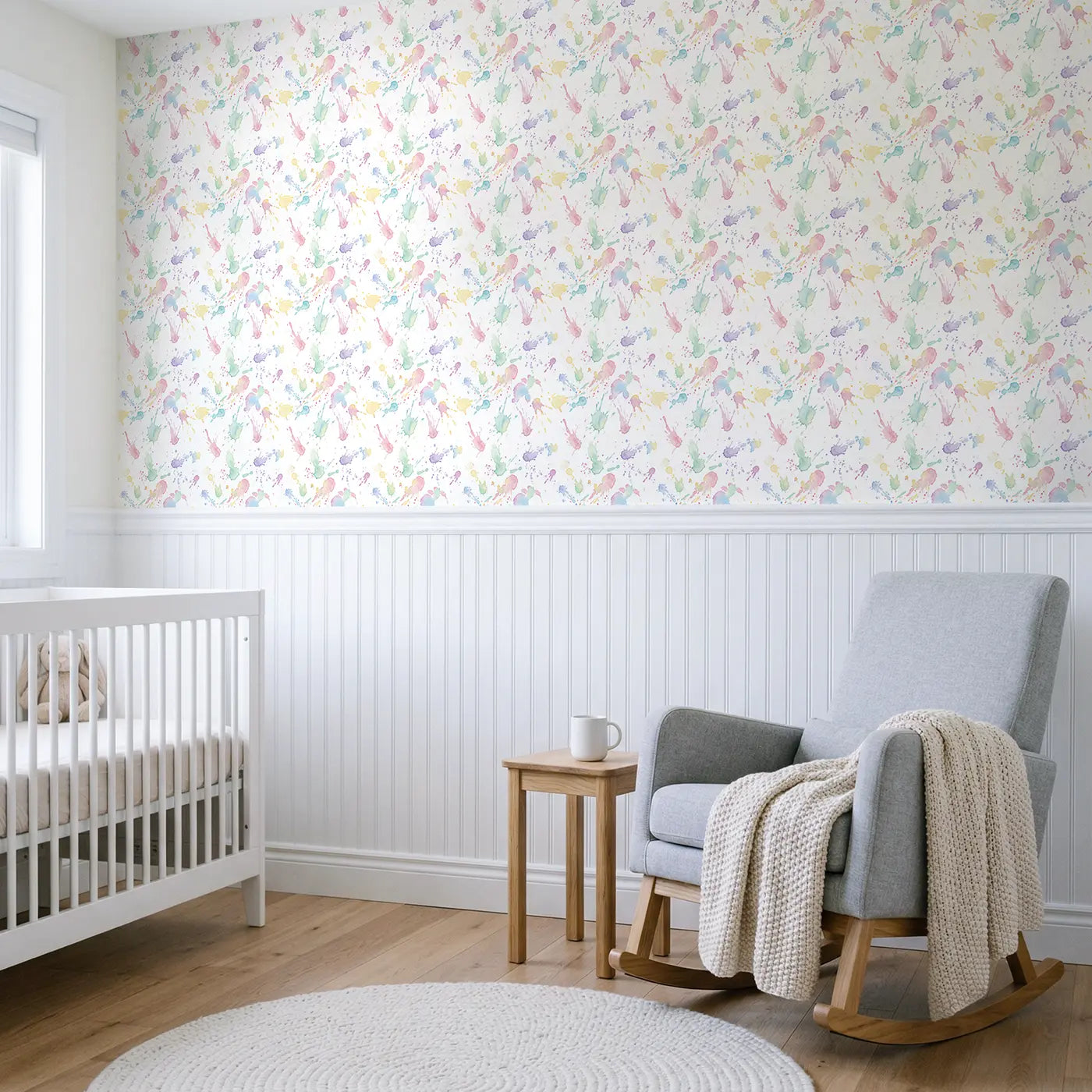 Paint Splatter Watercolor wallpaper above wainscoting - Whimsy Tots