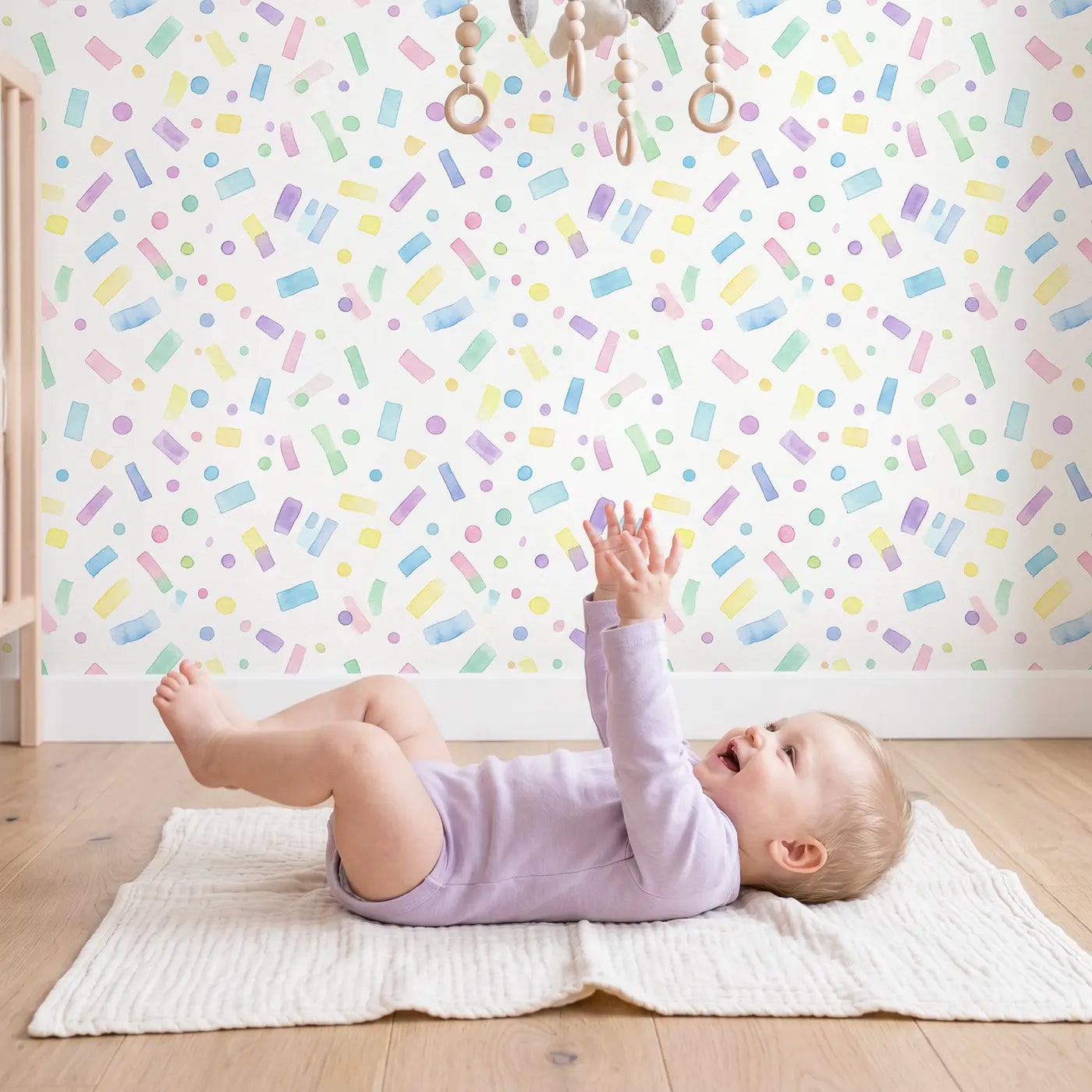 Scattered Confetti Watercolor wallpaper in styled kids room - Whimsy Tots