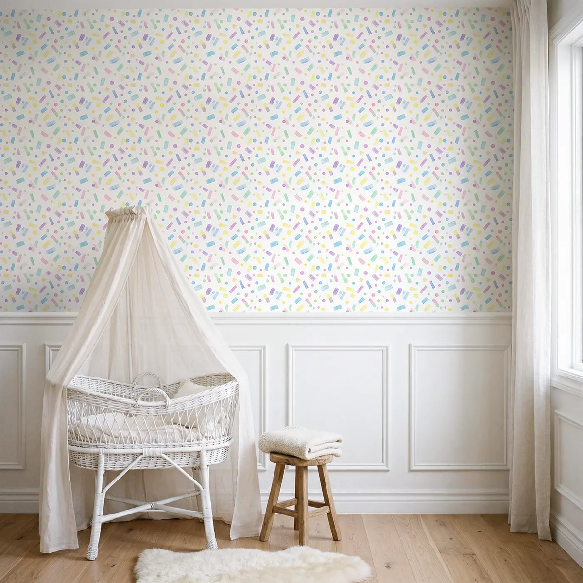Scattered Confetti Watercolor wallpaper above wainscoting - Whimsy Tots