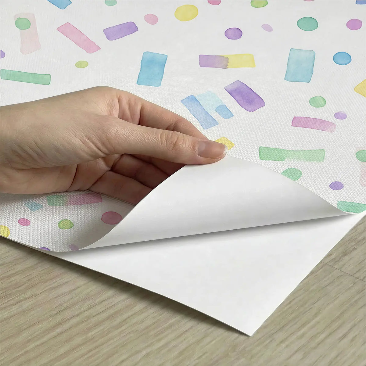 Scattered Confetti Watercolor peel and stick material close-up - Whimsy Tots