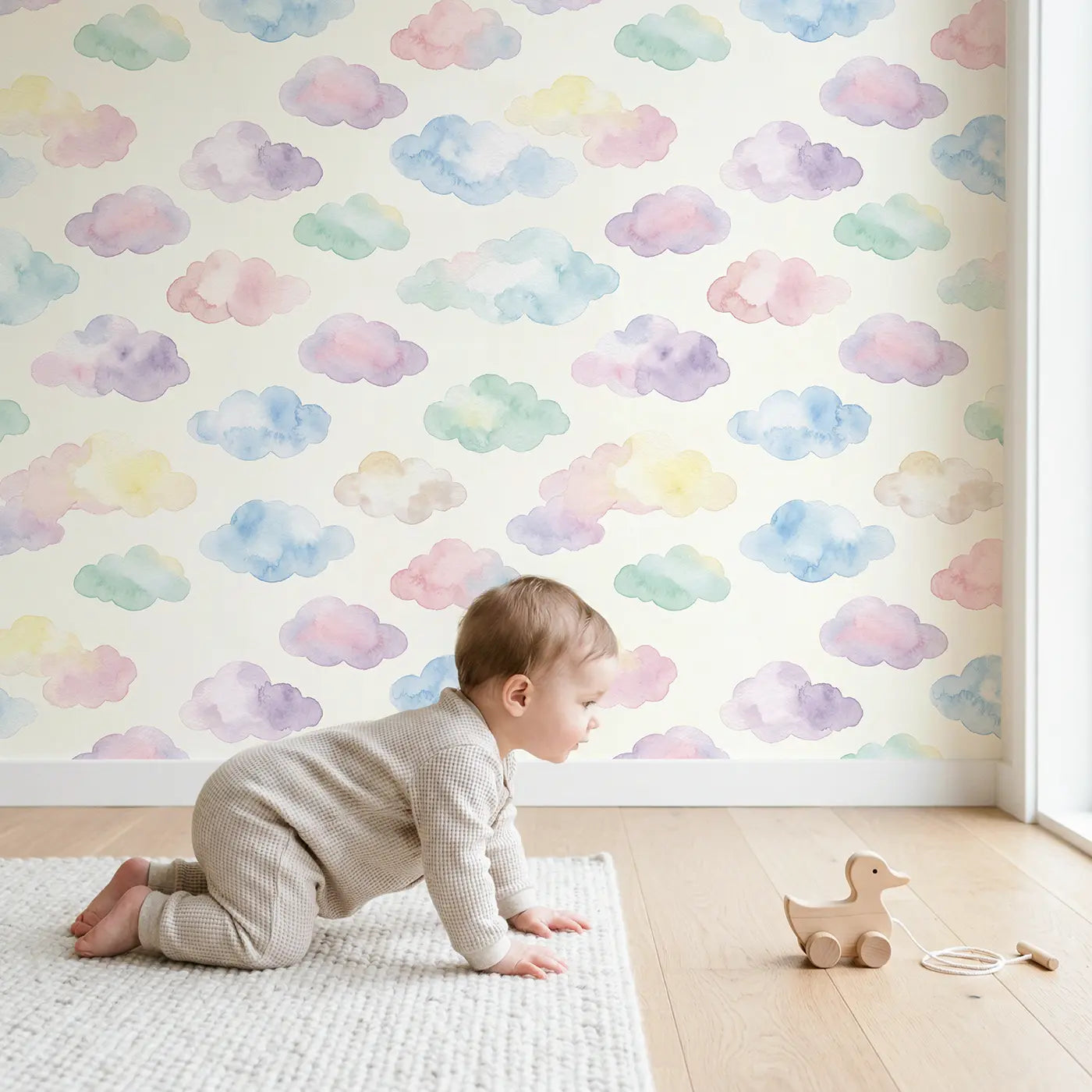 Abstract Cloud Watercolor wallpaper in styled kids room - Whimsy Tots