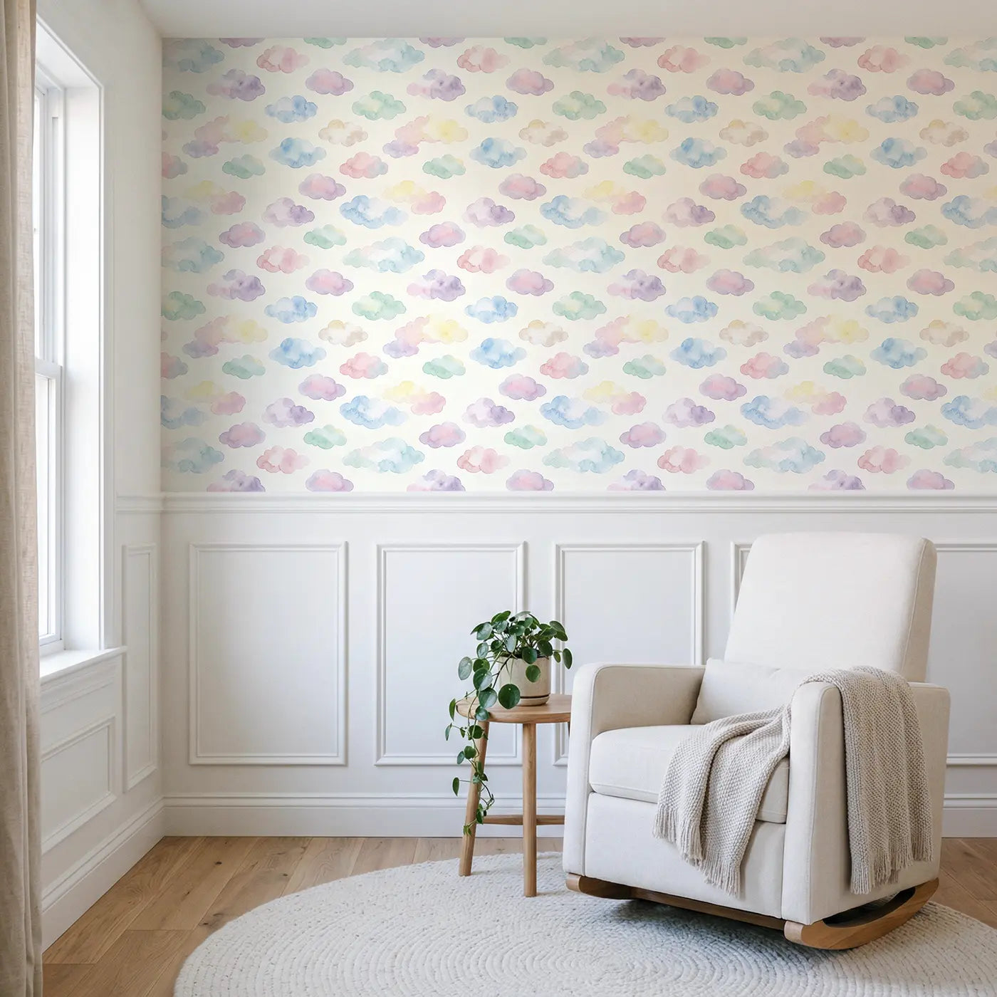 Abstract Cloud Watercolor wallpaper above wainscoting - Whimsy Tots