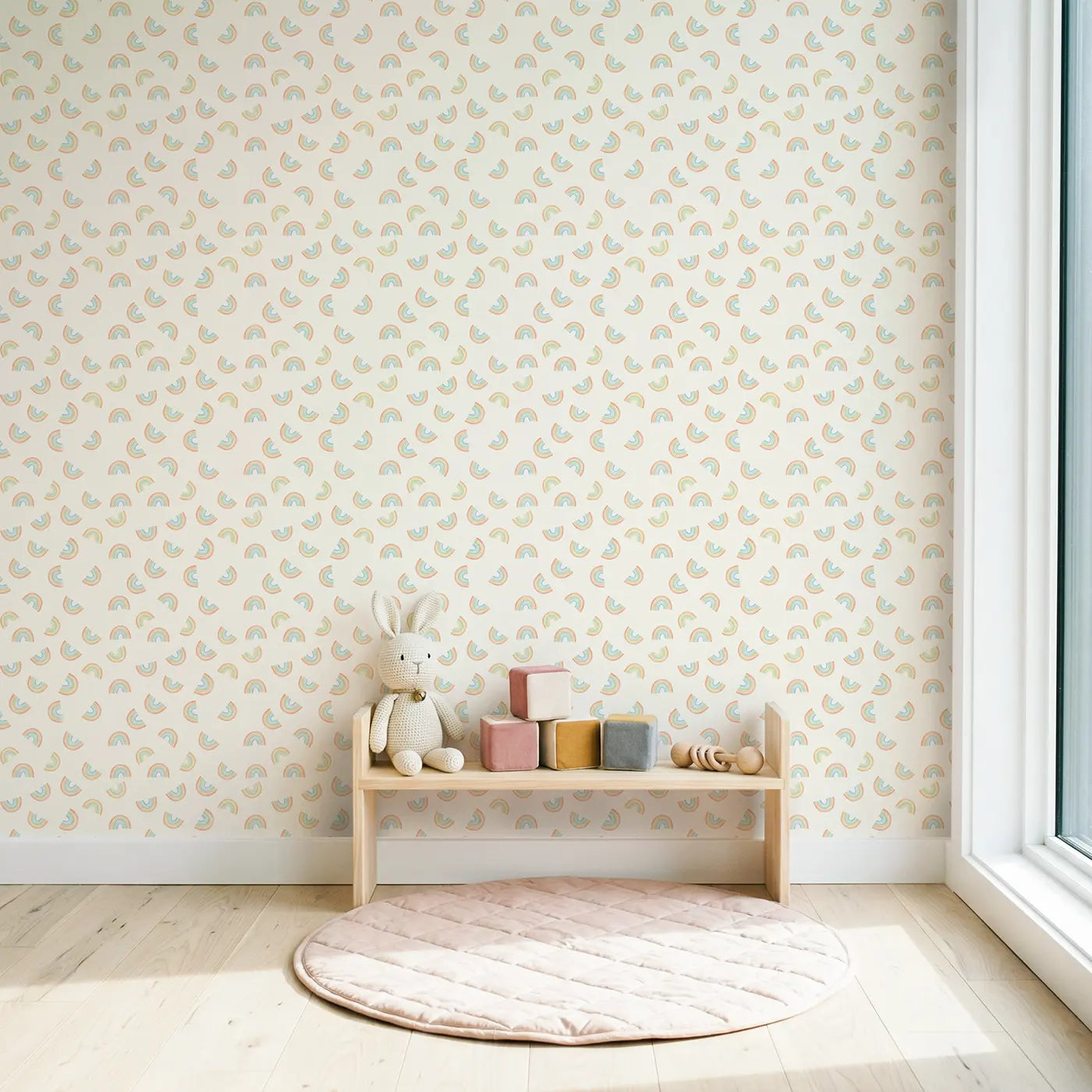 Rainbow Arcs Miniature Watercolor wallpaper in Scandinavian nursery - Whimsy Tots
