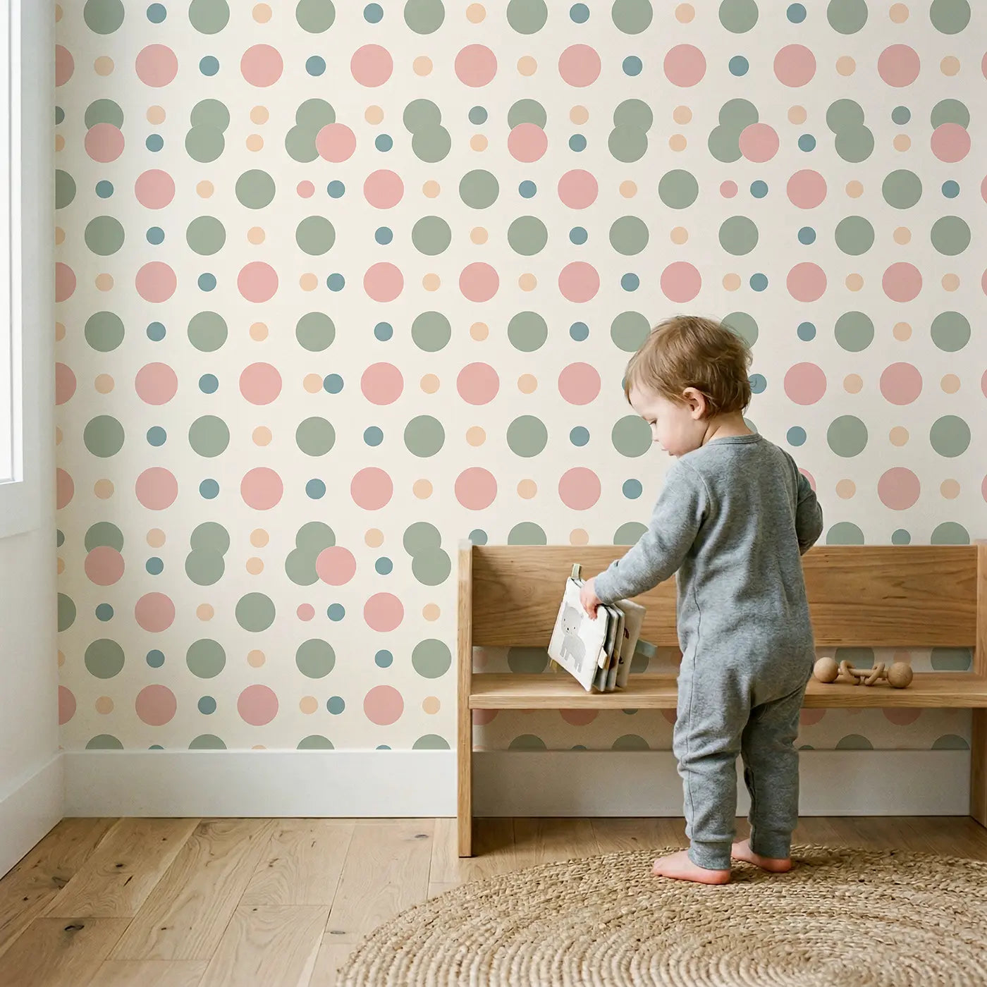 Polka Dots Alternating Geometric wallpaper in styled kids room - Whimsy Tots