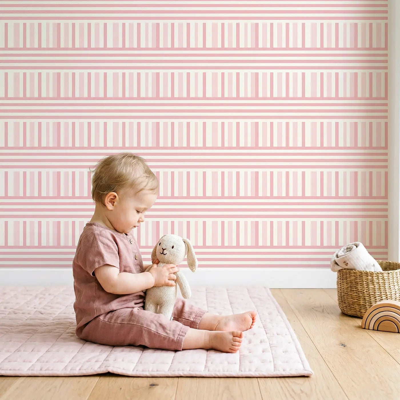 Even Stripe Soft Geometric wallpaper in styled kids room - Whimsy Tots