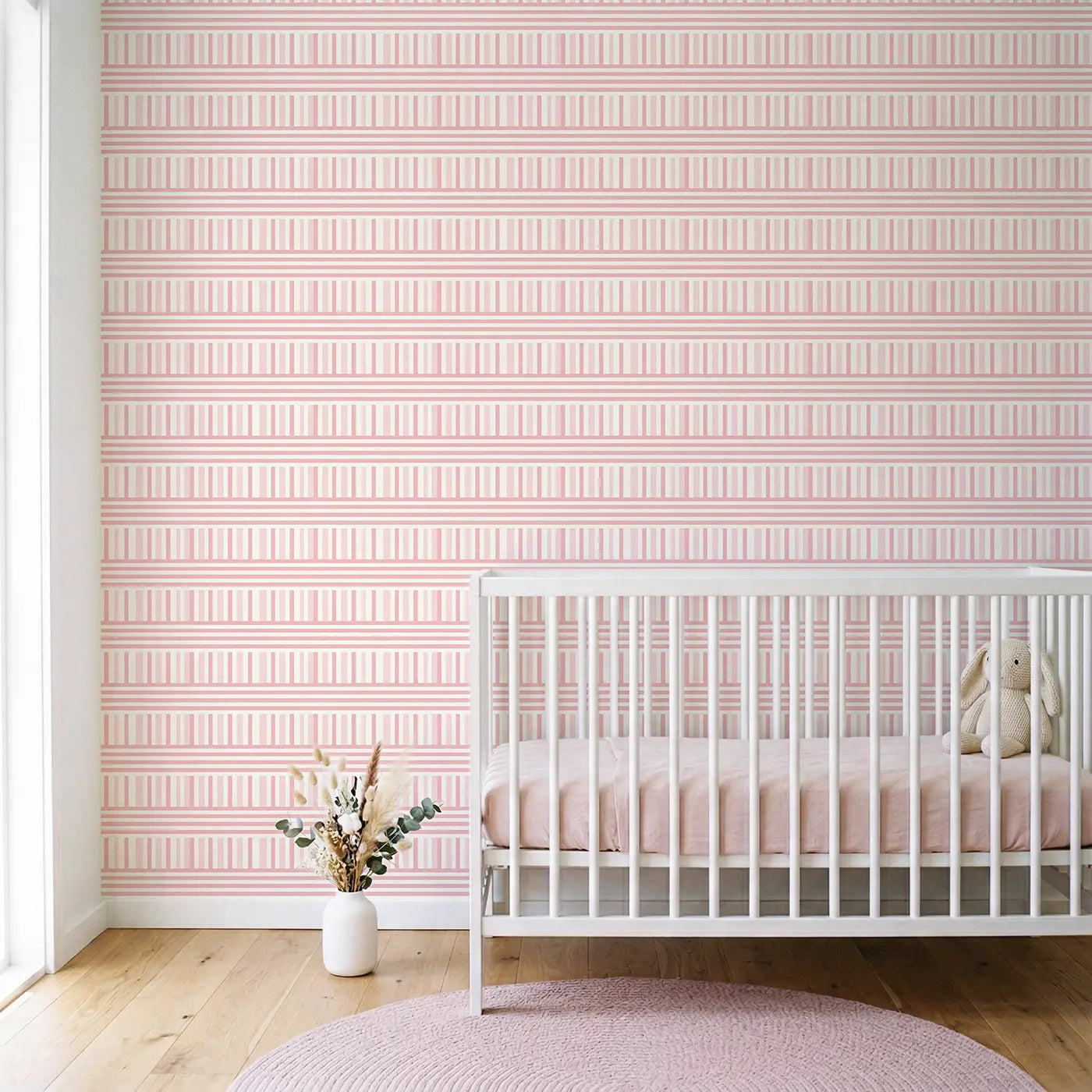 Even Stripe Soft Geometric wallpaper in Scandinavian nursery - Whimsy Tots