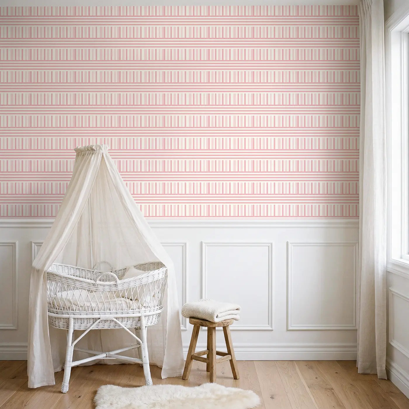 Even Stripe Soft Geometric wallpaper above wainscoting - Whimsy Tots