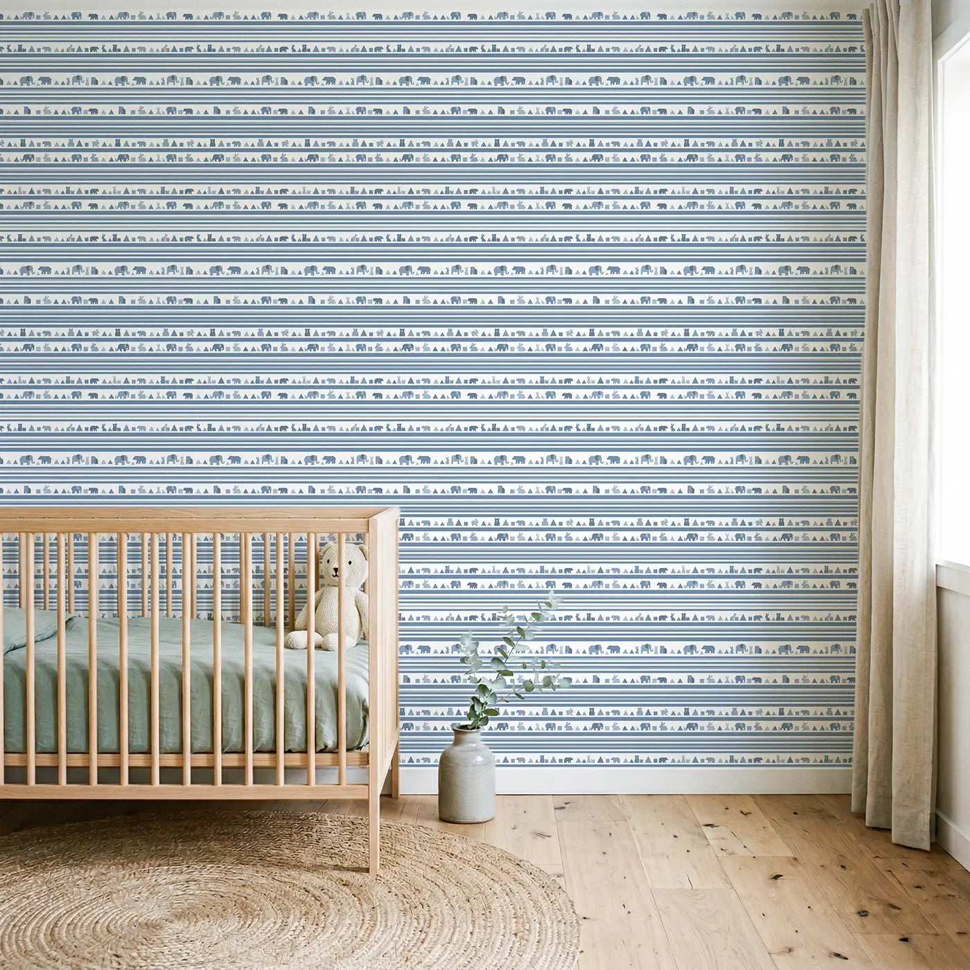 Even Stripe Dusty Geometric wallpaper in Scandinavian nursery - Whimsy Tots