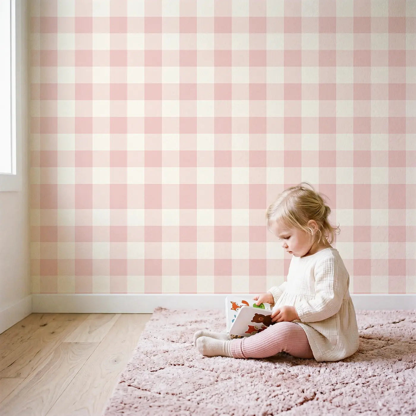 Buffalo Check Blush Geometric wallpaper in styled kids room - Whimsy Tots