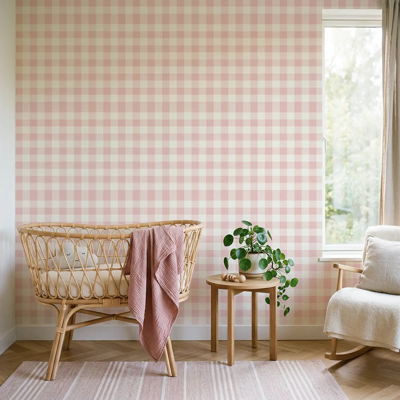 Buffalo Check Blush Geometric wallpaper in Scandinavian nursery - Whimsy Tots