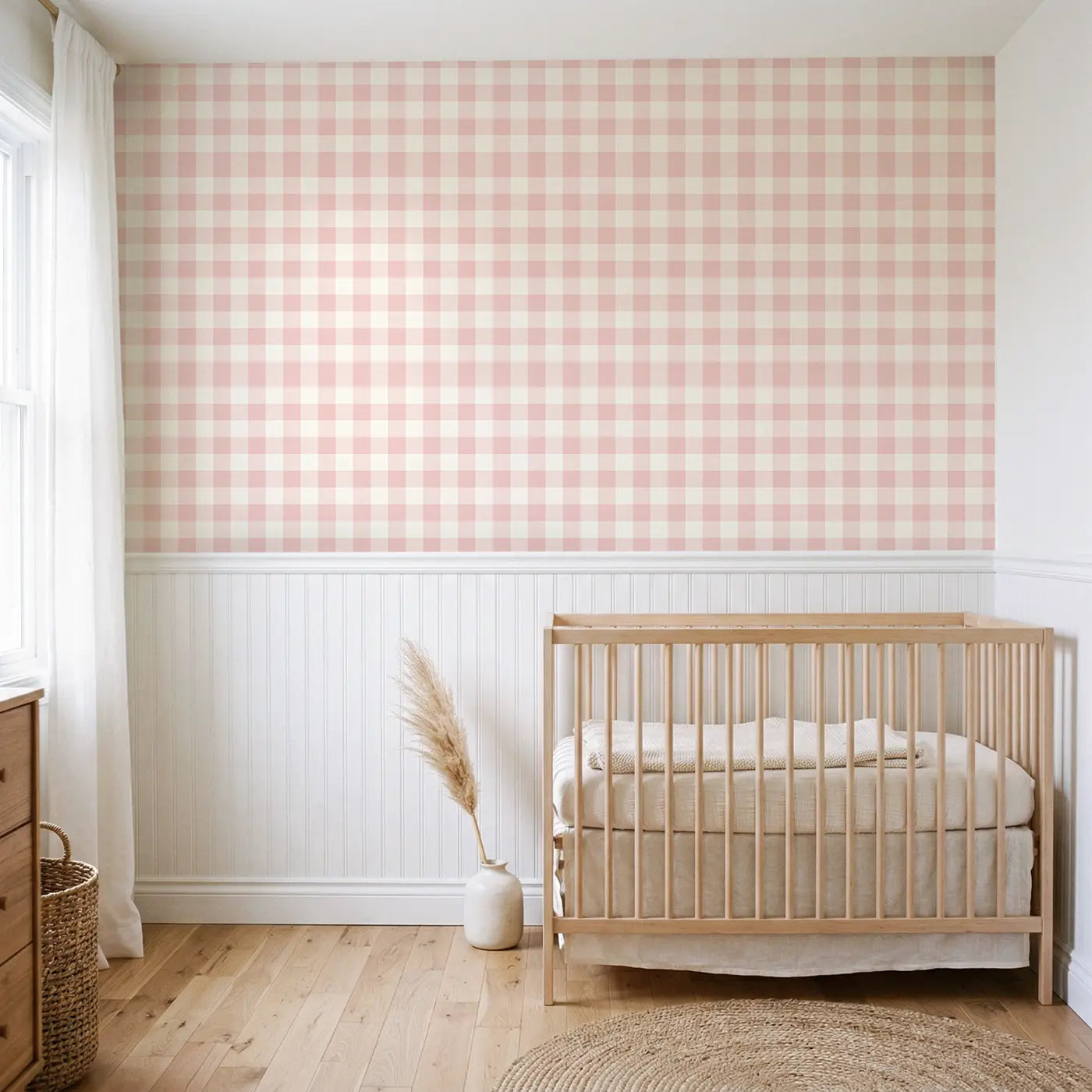 Buffalo Check Blush Geometric wallpaper above wainscoting - Whimsy Tots