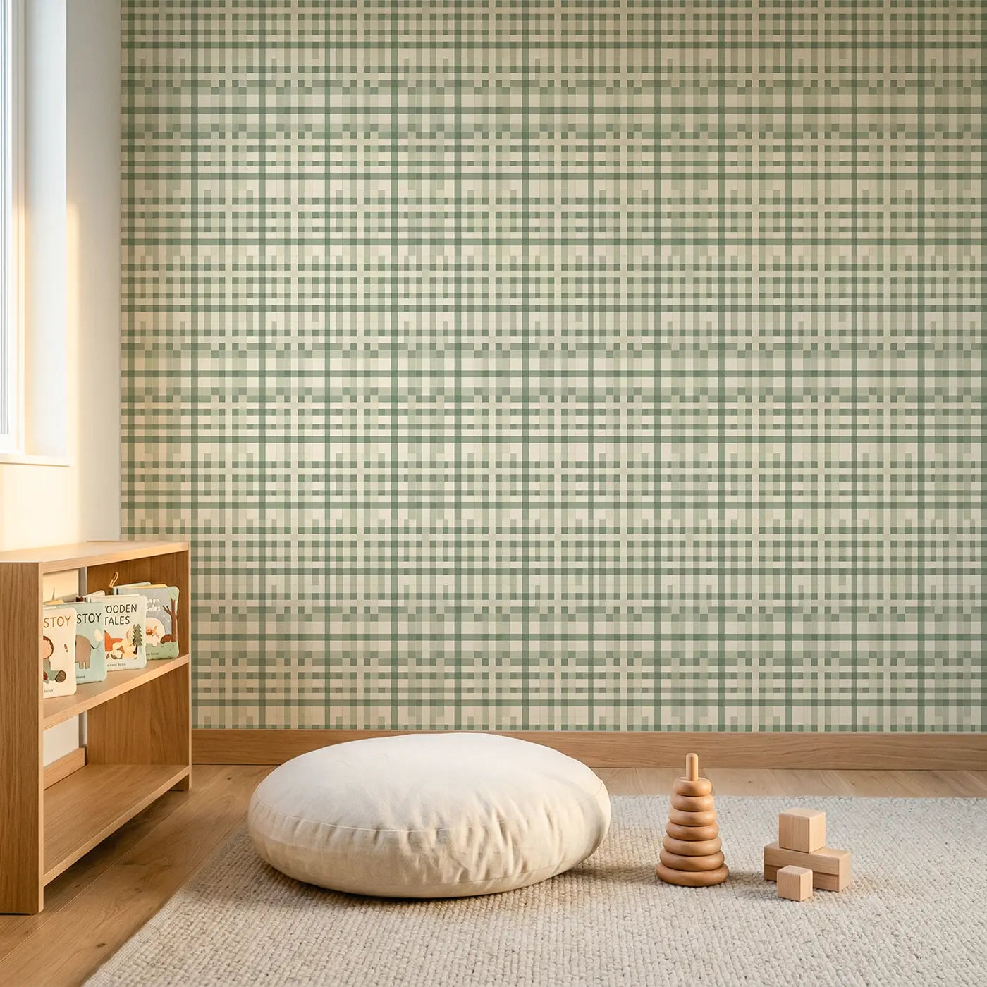 Gingham Check Geometric wallpaper in Scandinavian nursery - Whimsy Tots