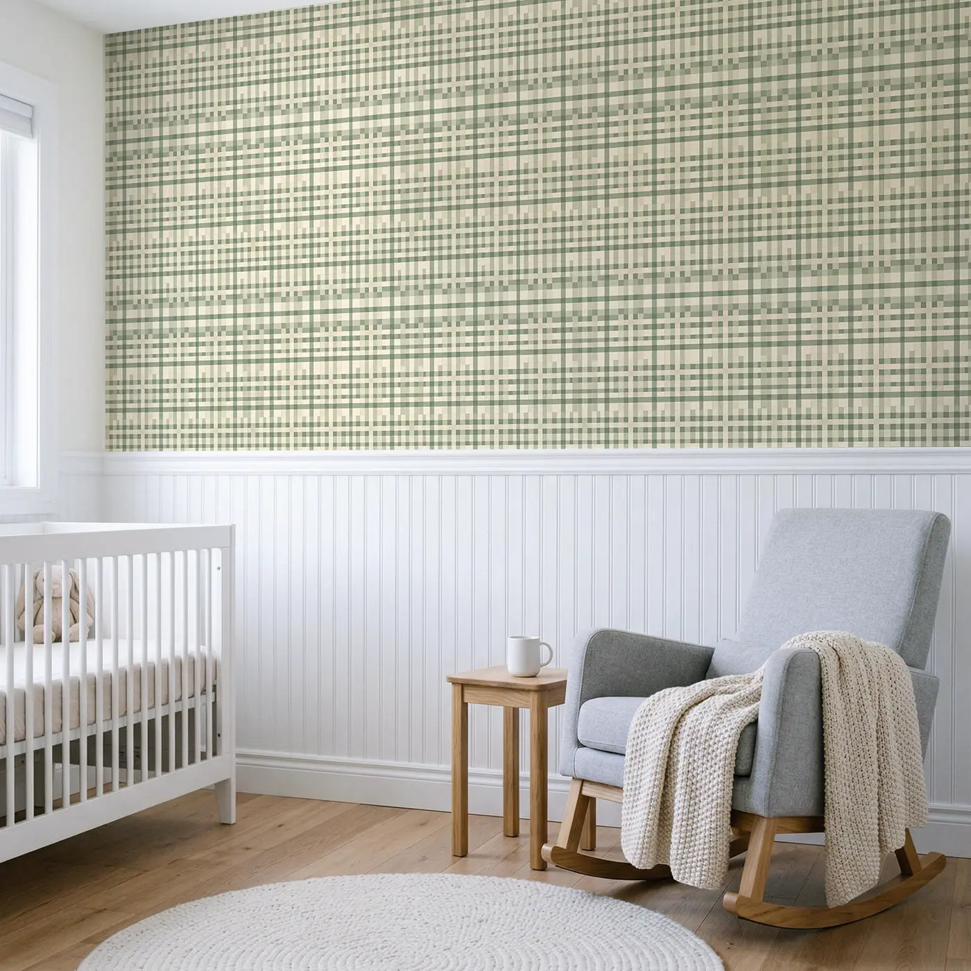 Gingham Check Geometric wallpaper above wainscoting - Whimsy Tots