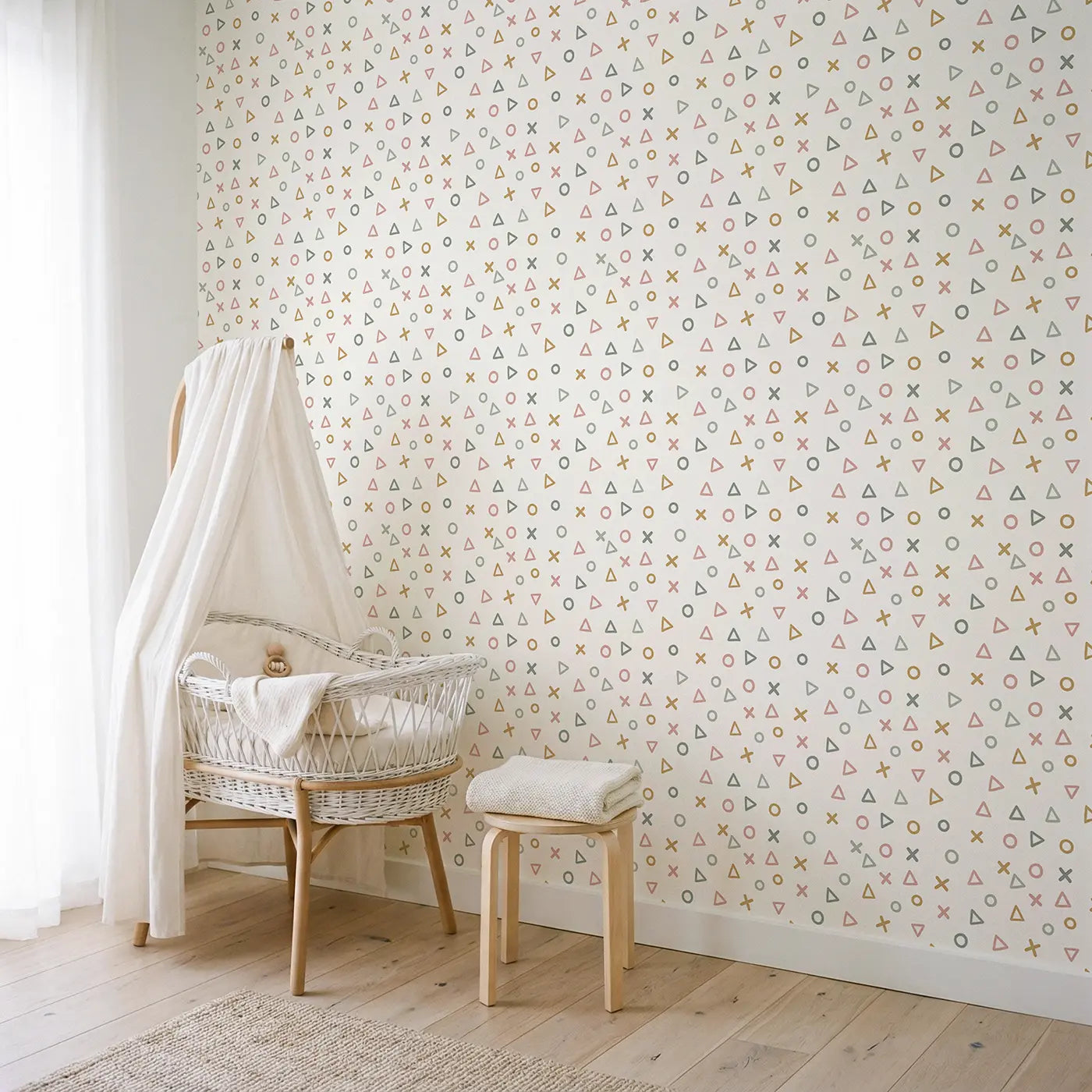 Scattered Triangles Geometric wallpaper in Scandinavian nursery - Whimsy Tots