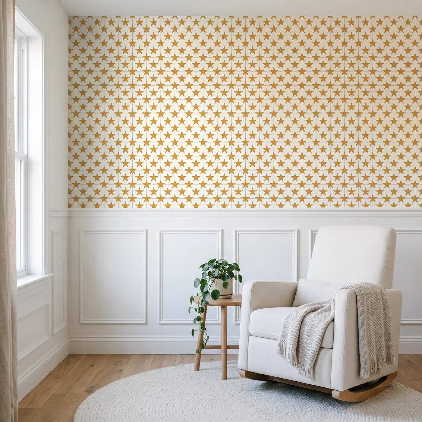 Stars Even Geometric wallpaper above wainscoting - Whimsy Tots