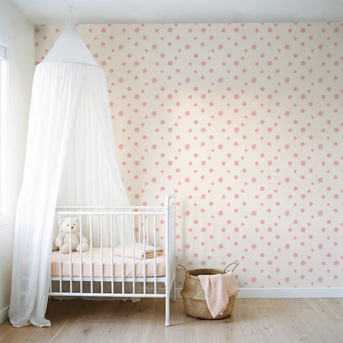 Polka Dots Pink Soft Pastel wallpaper in Scandinavian nursery - Whimsy Tots