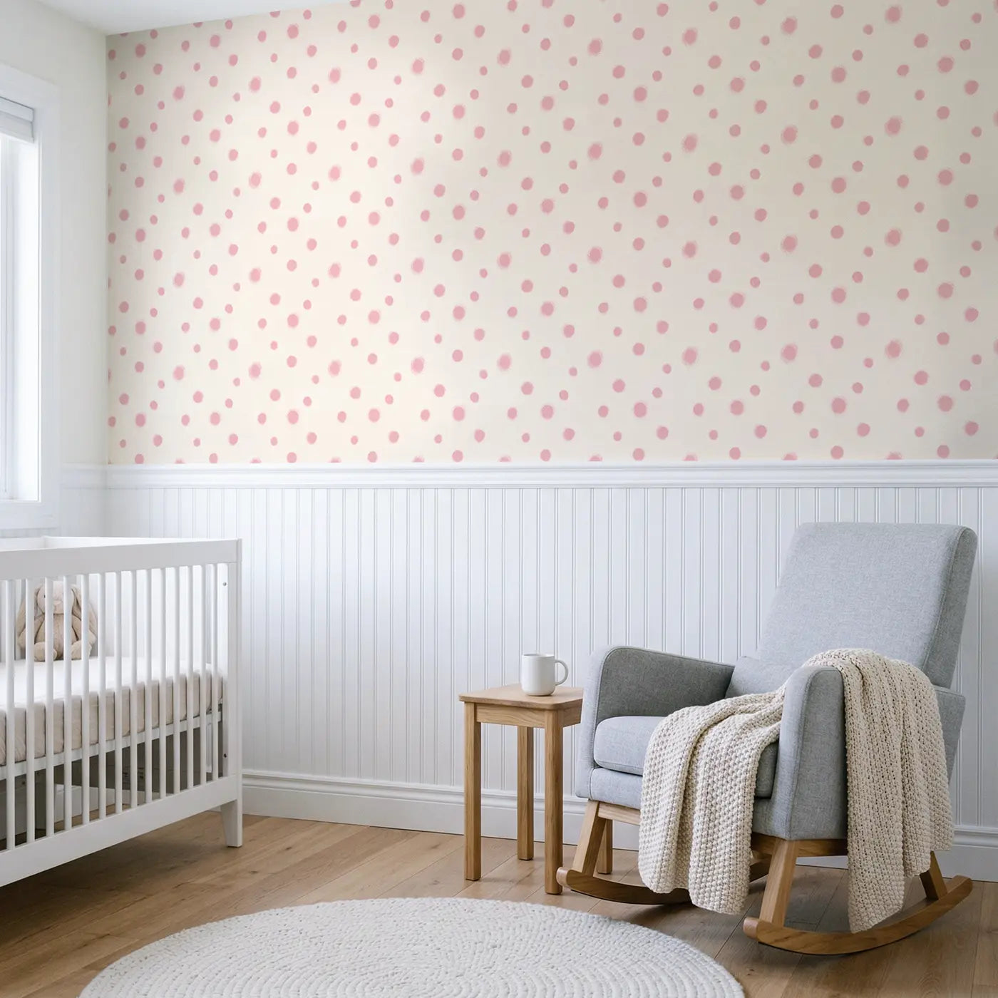 Polka Dots Pink Soft Pastel wallpaper above wainscoting - Whimsy Tots