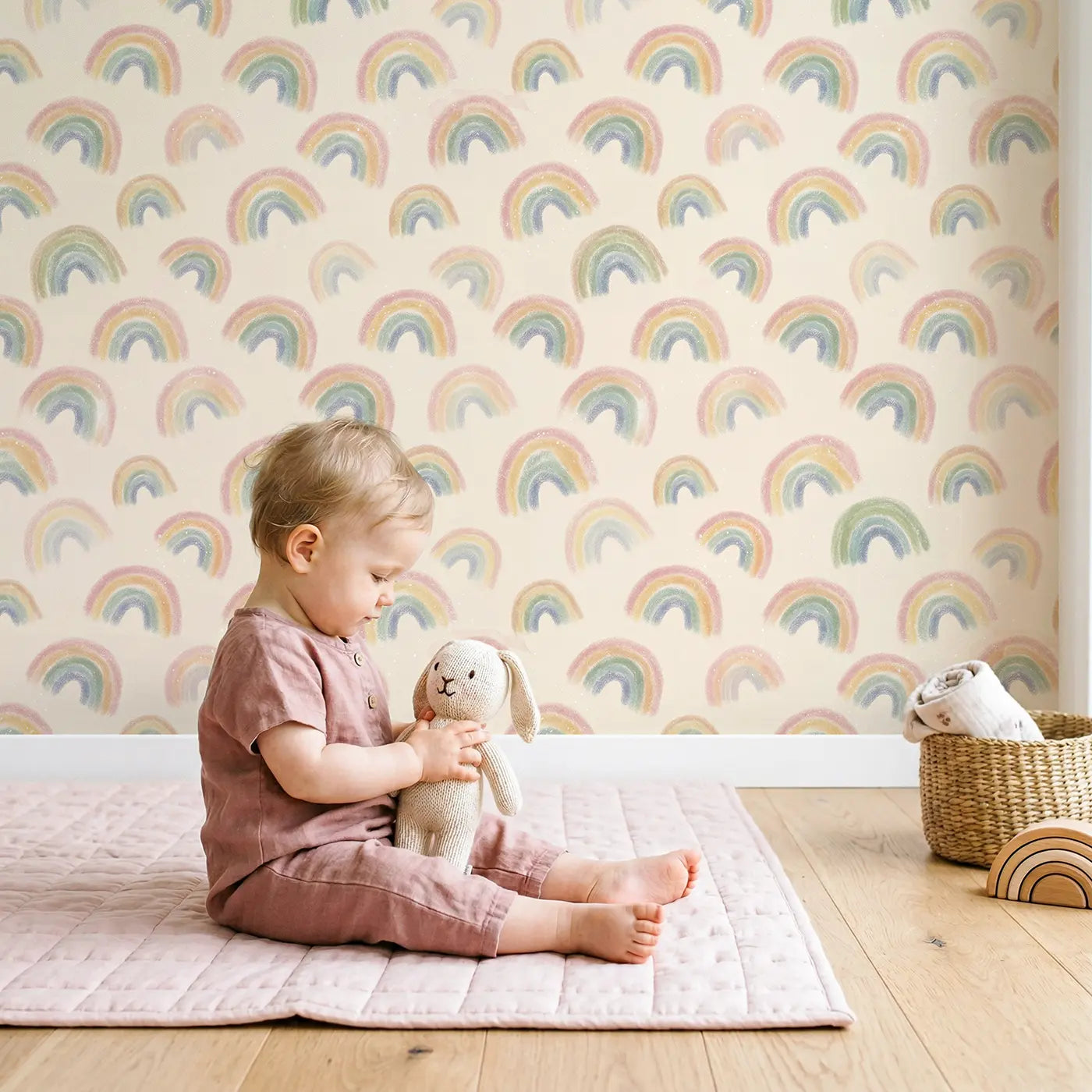 Rainbow Arcs Soft Pastel wallpaper in styled kids room - Whimsy Tots