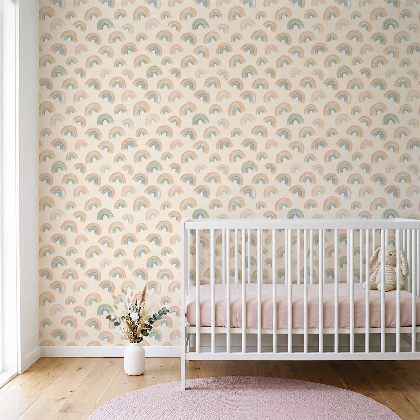 Rainbow Arcs Soft Pastel wallpaper in Scandinavian nursery - Whimsy Tots