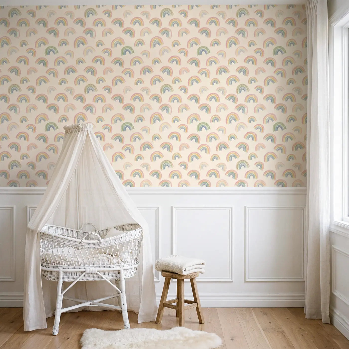 Rainbow Arcs Soft Pastel wallpaper above wainscoting - Whimsy Tots