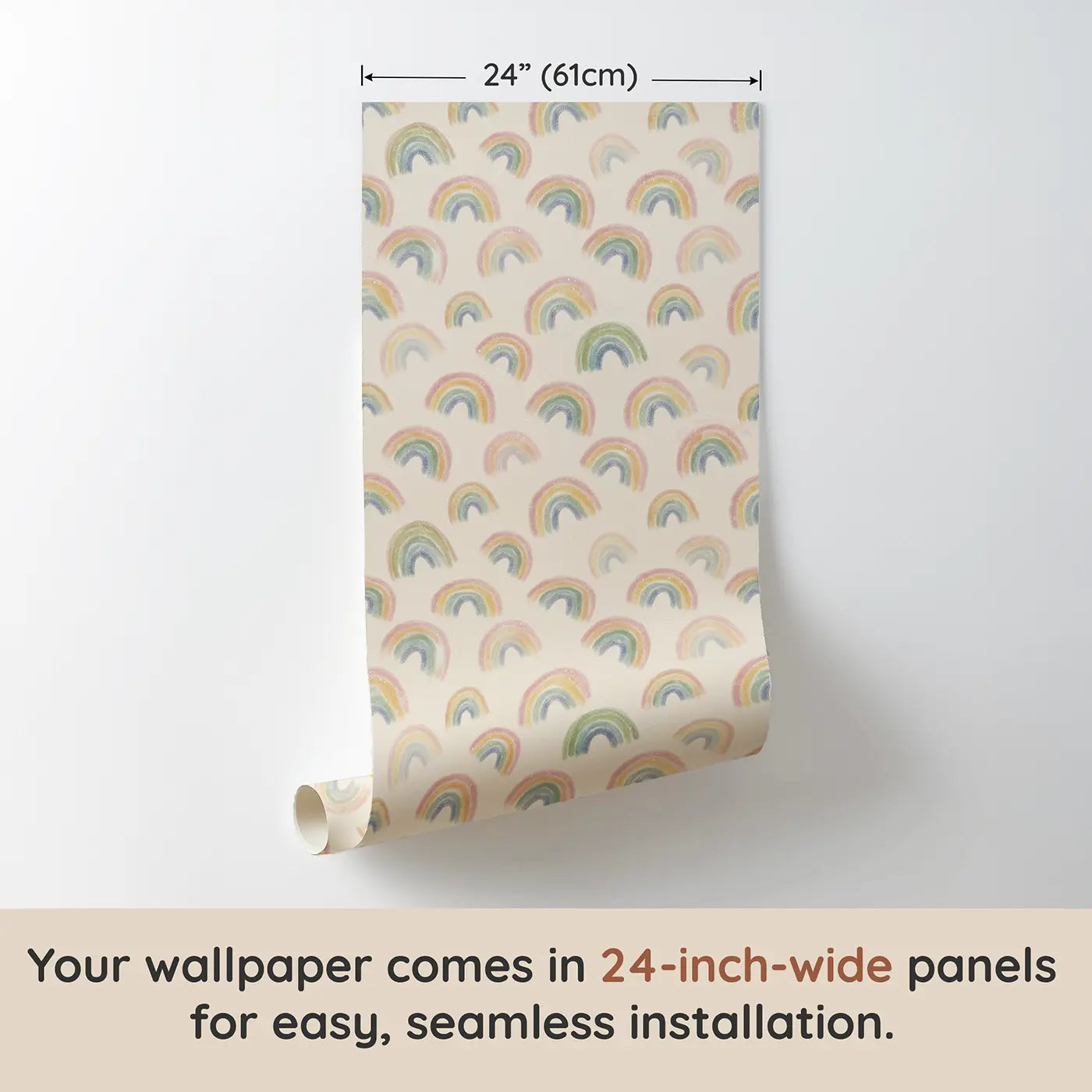 Rainbow Arcs Soft Pastel wallpaper panel dimensions - Whimsy Tots
