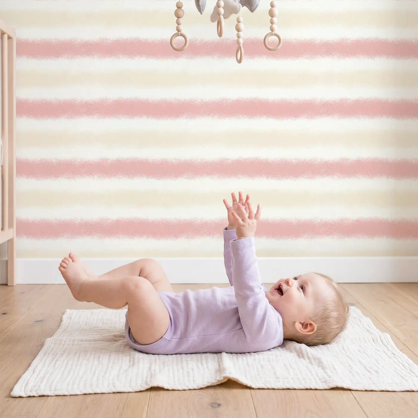 Stripes Blush Soft Pastel wallpaper in styled kids room - Whimsy Tots