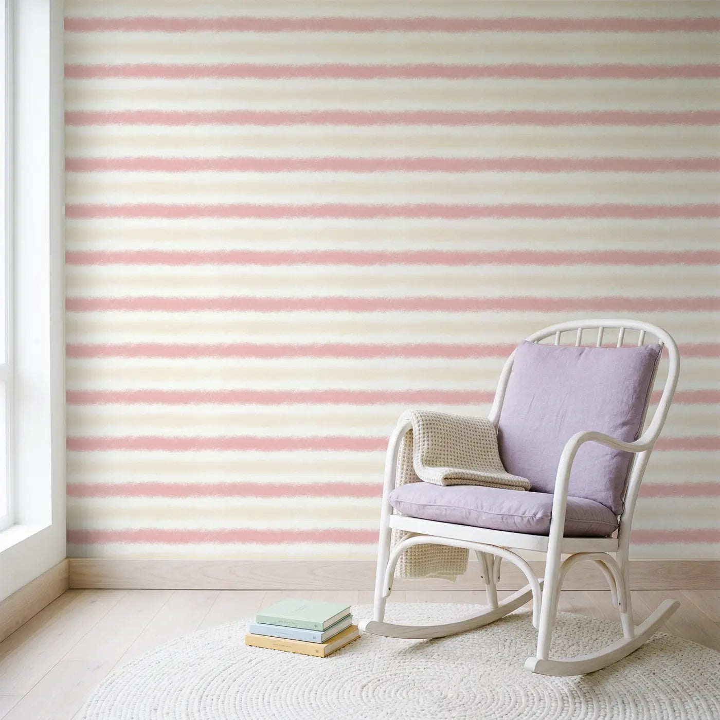 Stripes Blush Soft Pastel wallpaper in Scandinavian nursery - Whimsy Tots