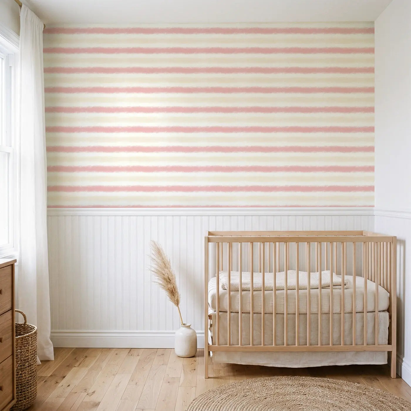 Stripes Blush Soft Pastel wallpaper above wainscoting - Whimsy Tots