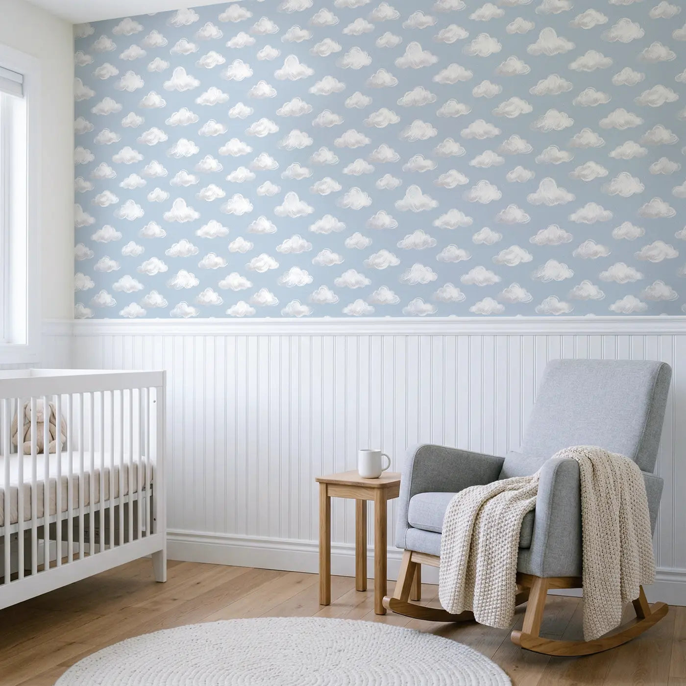 Chalk-Drawn Scattered Soft Pastel wallpaper above wainscoting - Whimsy Tots