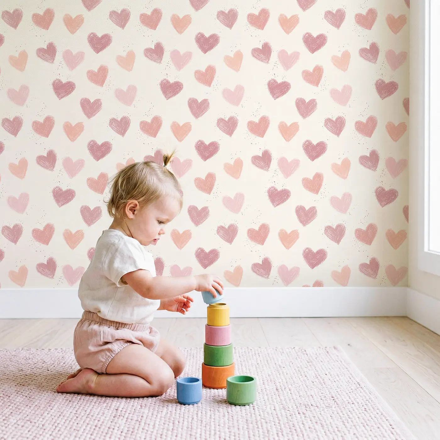 Hearts Graduated Soft Pastel wallpaper in styled kids room - Whimsy Tots