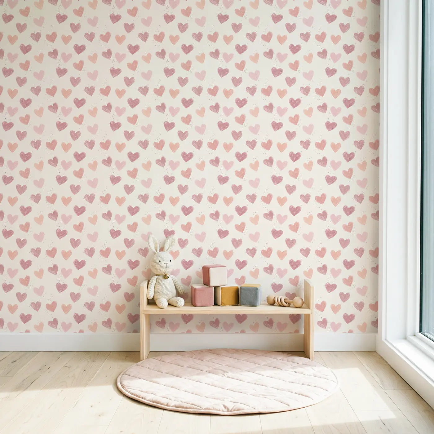 Hearts Graduated Soft Pastel wallpaper in Scandinavian nursery - Whimsy Tots