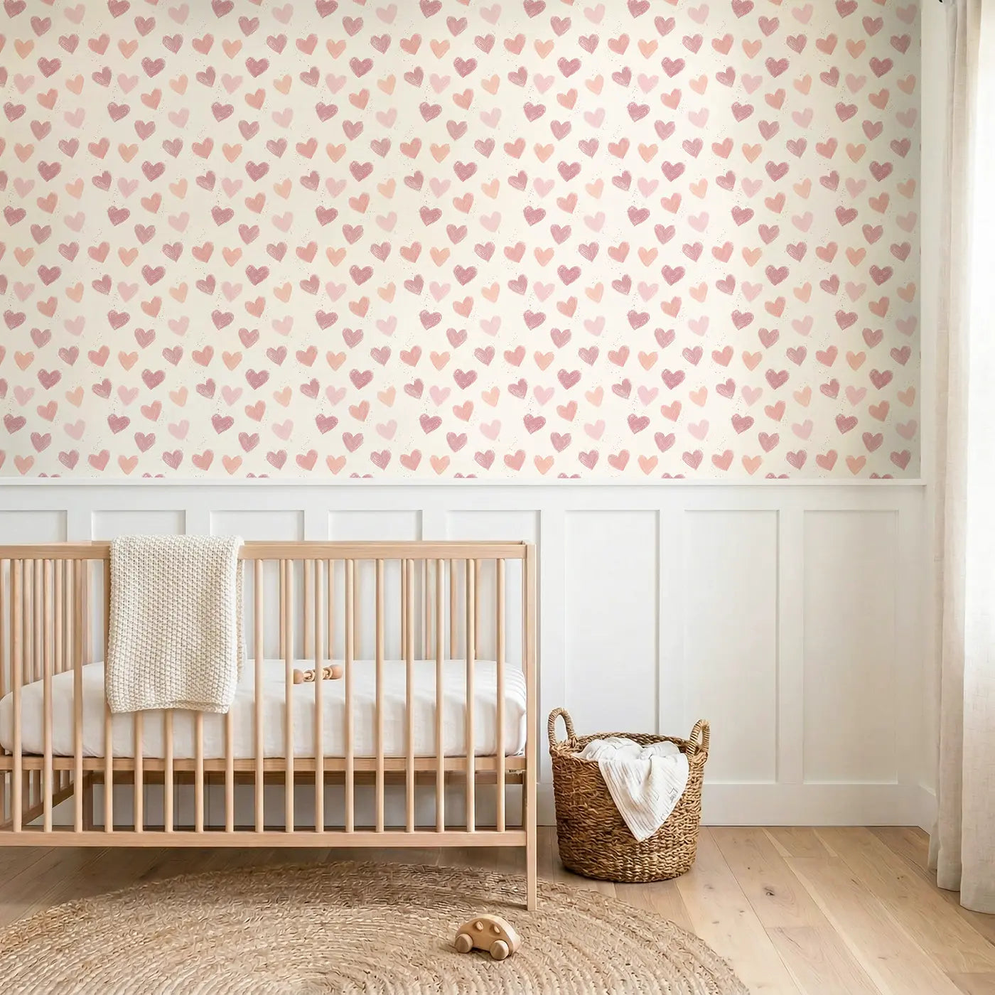 Hearts Graduated Soft Pastel wallpaper above wainscoting - Whimsy Tots