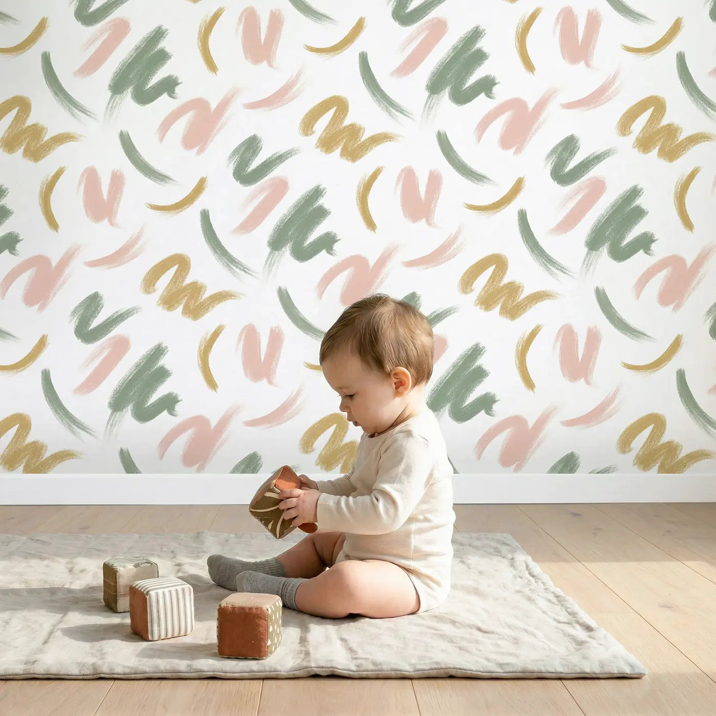 Brushstroke Marks Soft Pastel wallpaper in styled kids room - Whimsy Tots