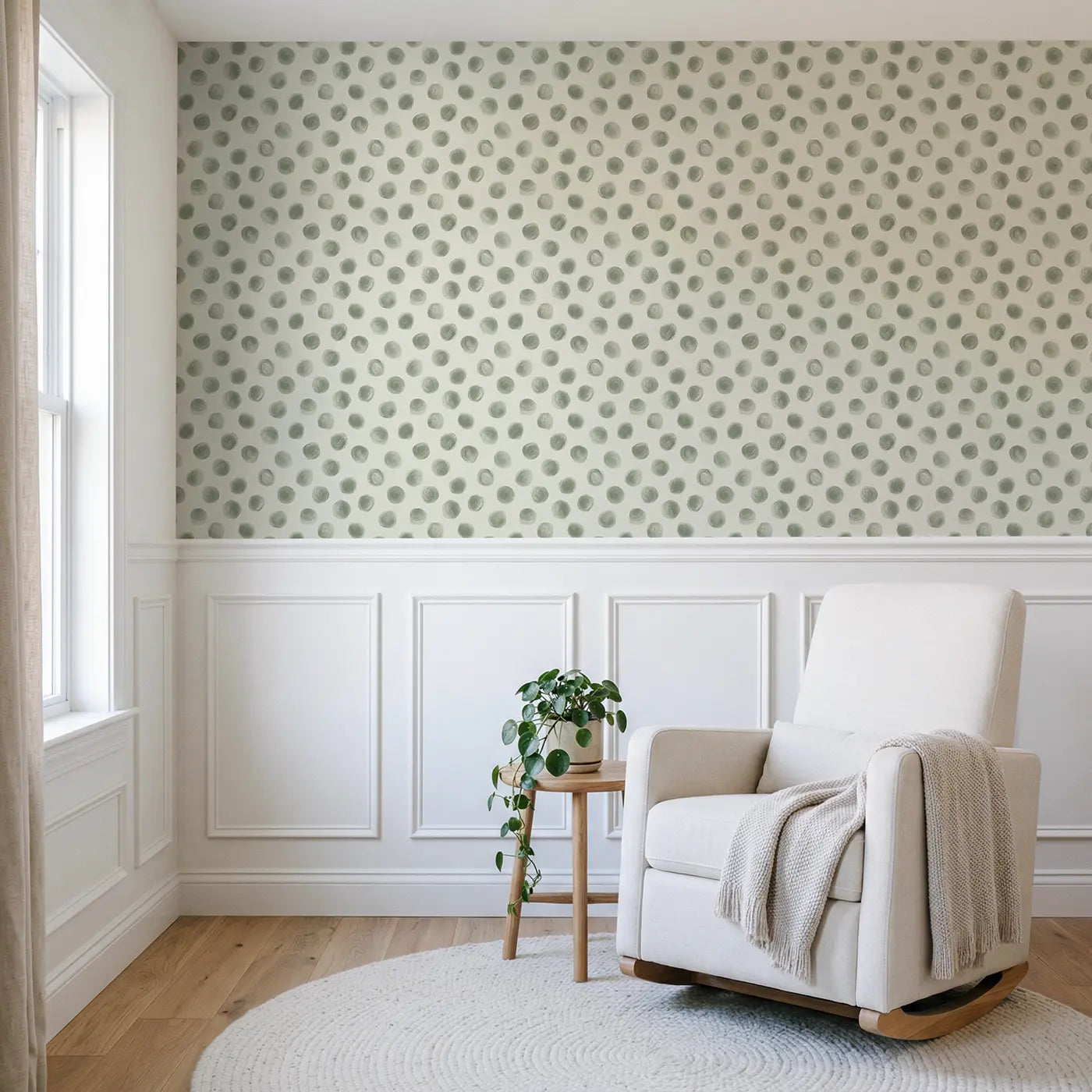 Dots Tonal Soft Pastel wallpaper above wainscoting - Whimsy Tots
